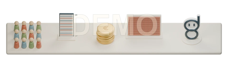A 3D display of twelve wooden people, a working-day time strip, a stack of euro coins, 250 terracotta day tiles, and the deleg8 agent.